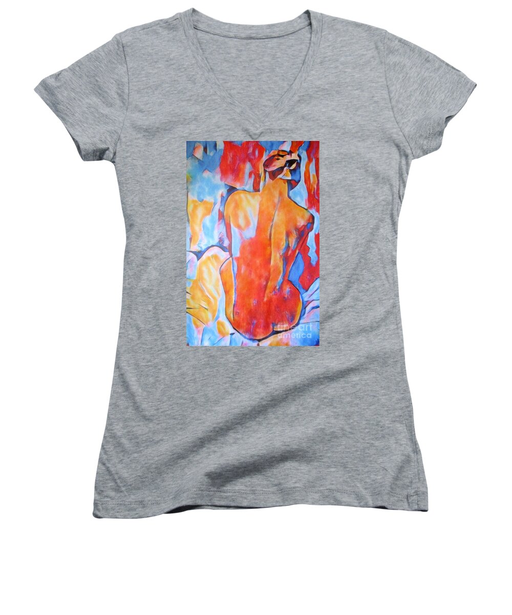 Nude Female Painting Women's V-Neck featuring the painting Blazing Nude by Helena Wierzbicki