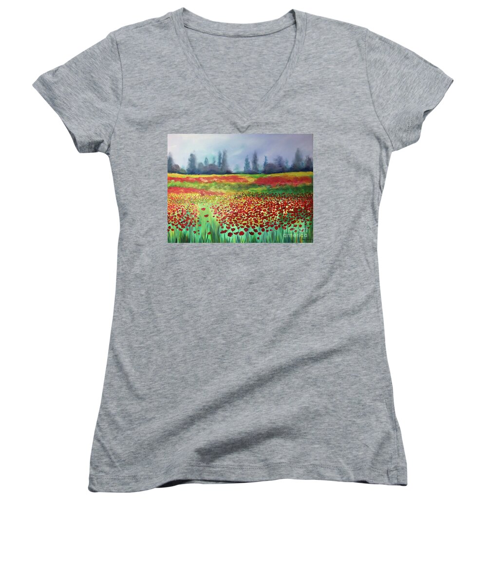 Valentine’s Day Women's V-Neck featuring the painting Blooming Romance by Stacey Zimmerman