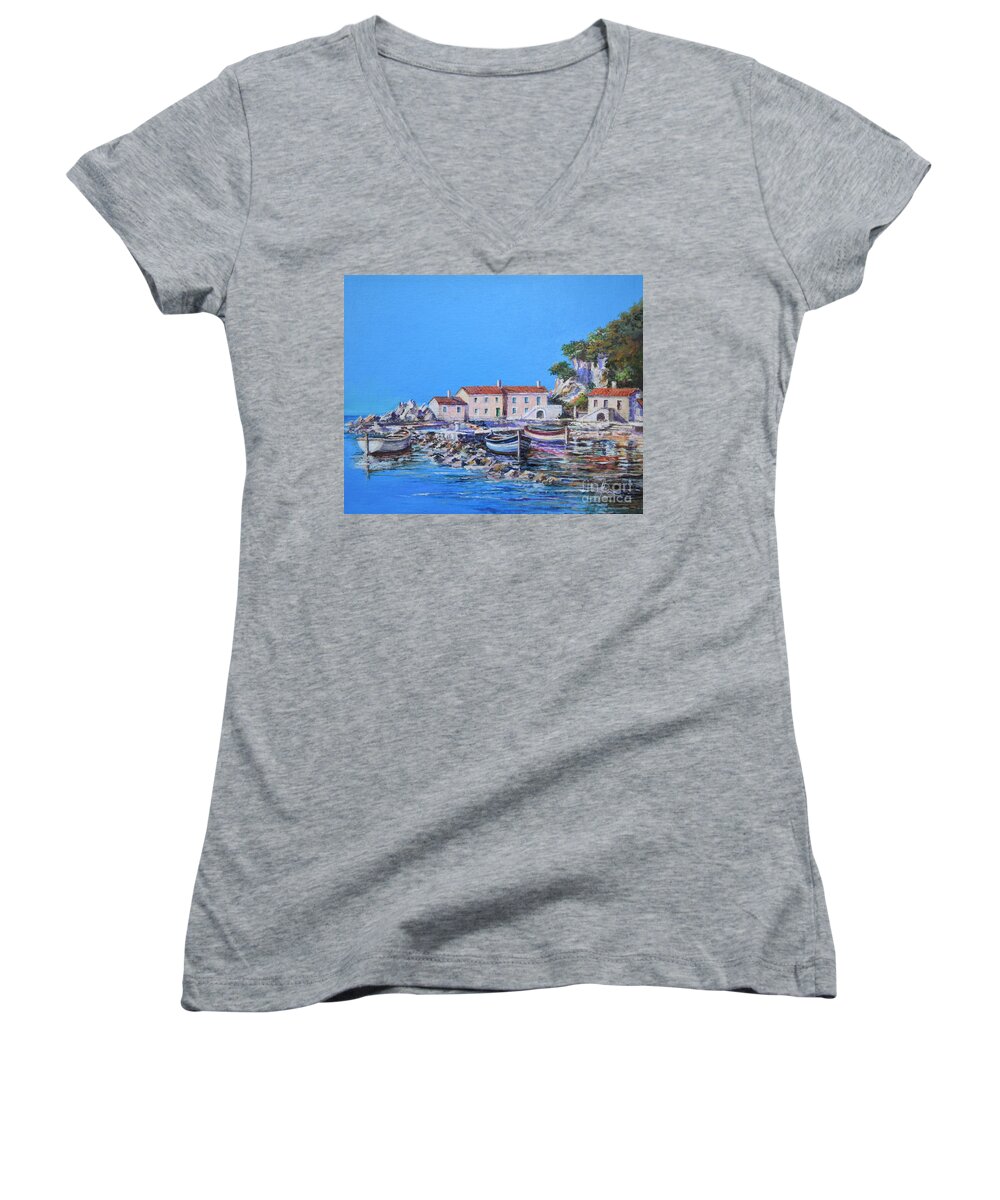 Original Painting Women's V-Neck featuring the painting Blue Bay by Sinisa Saratlic