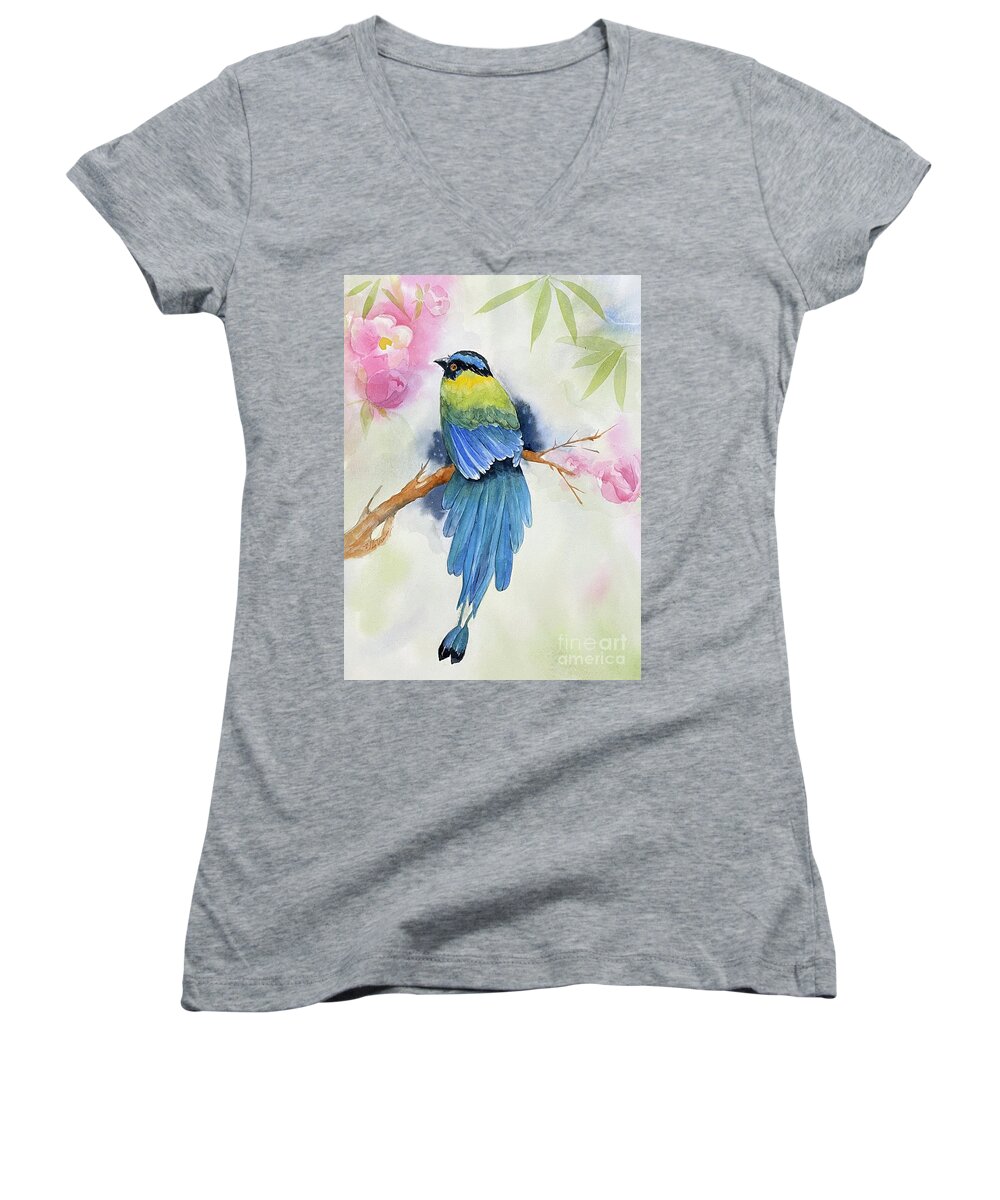 Blue Women's V-Neck featuring the painting Blue Bird and Blossoms by Hilda Vandergriff