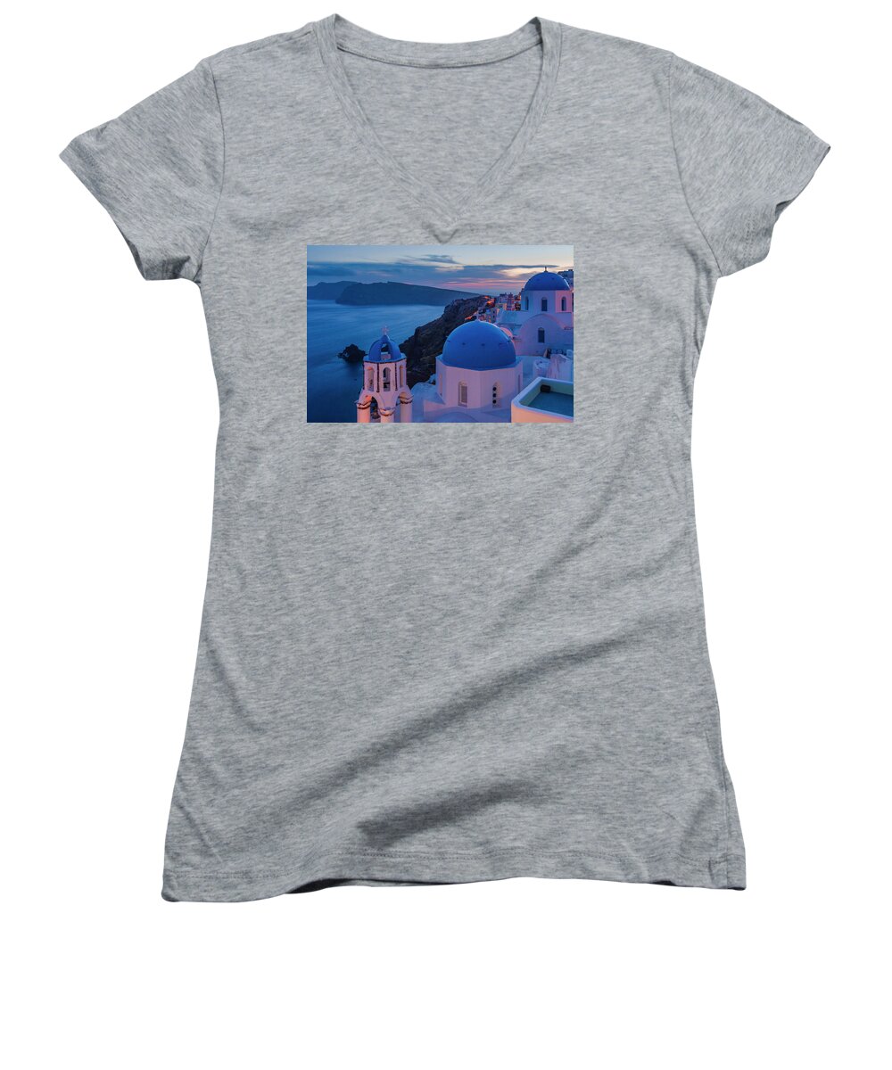 Aegean Sea Women's V-Neck featuring the photograph Blue Domes Of Santorini by Evgeni Dinev