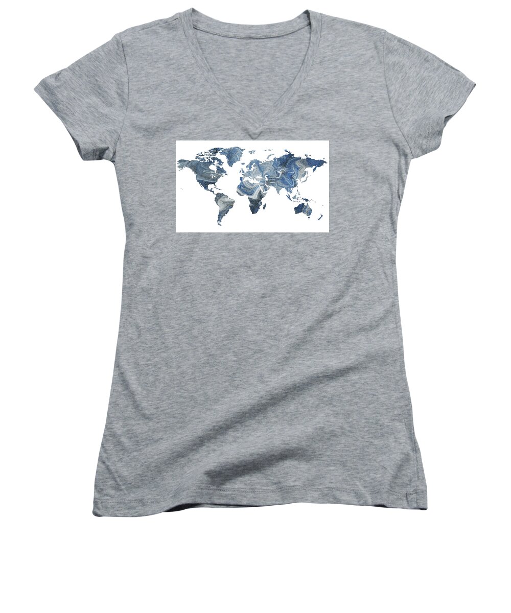 World Map Women's V-Neck featuring the painting Blue Marble Watercolor Map Of The World Silhouette by Irina Sztukowski