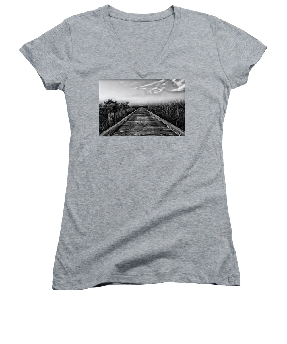 Boardwalk Women's V-Neck featuring the photograph Boardwalk to Infinity in Black and White by Bob Decker