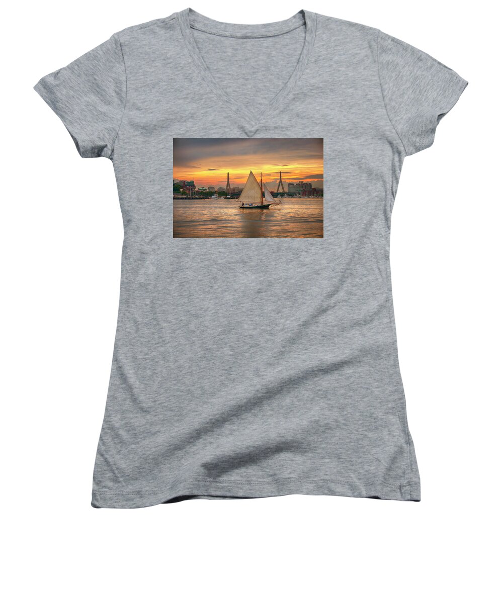 Boston Women's V-Neck featuring the photograph Boston Harbor Sunset Sail by Joann Vitali