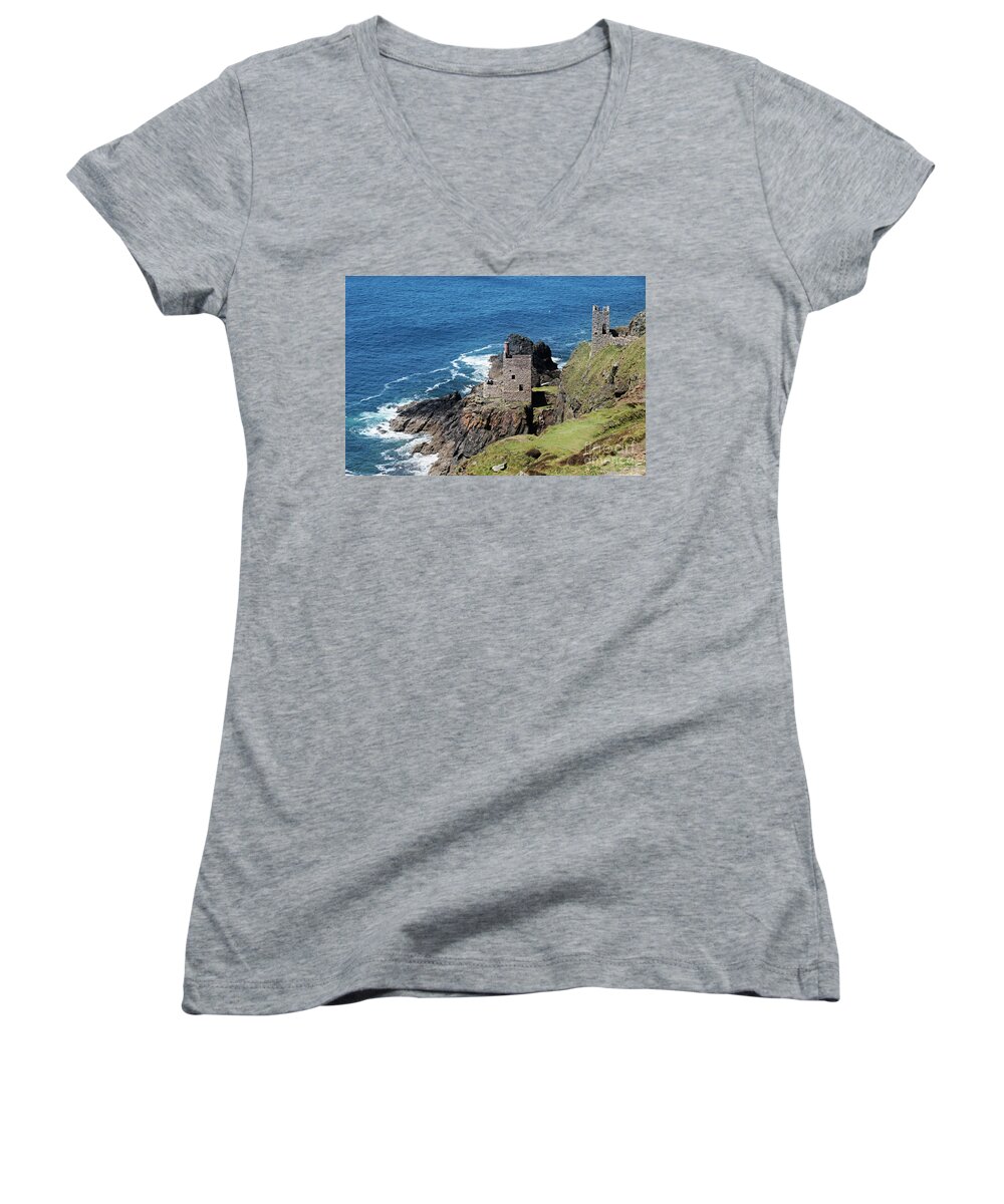 Crown Engine Houses Women's V-Neck featuring the photograph Botallack Crown Engine Houses Cornwall by Terri Waters