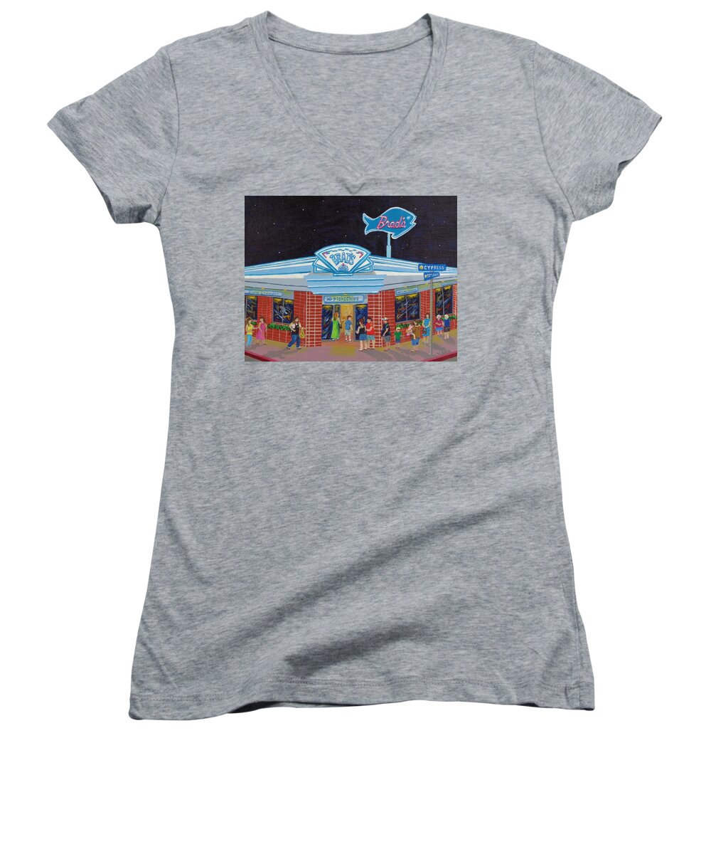 Brads Women's V-Neck featuring the painting Brad's Pismo Beach California by Katherine Young-Beck