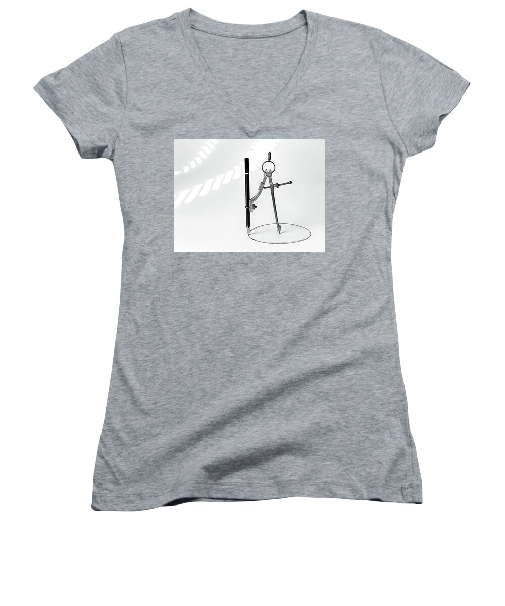 Vintage Women's V-Neck featuring the photograph Brass Compass and Pencil by Bob Orsillo