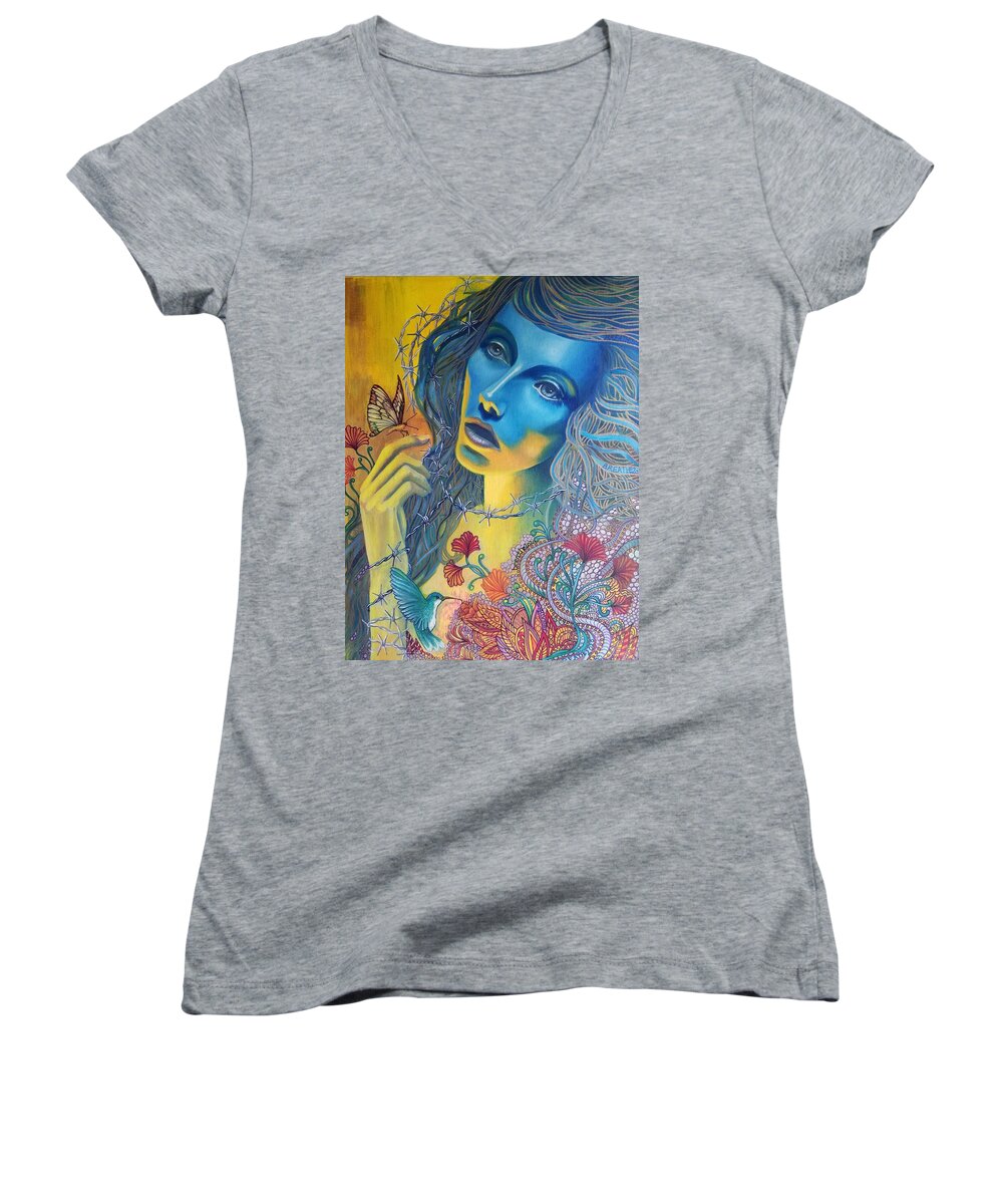 Blue Covid Butterfly Bird Woman Oils Canvas Women's V-Neck featuring the painting Breathe 2020 by Caroline Philp
