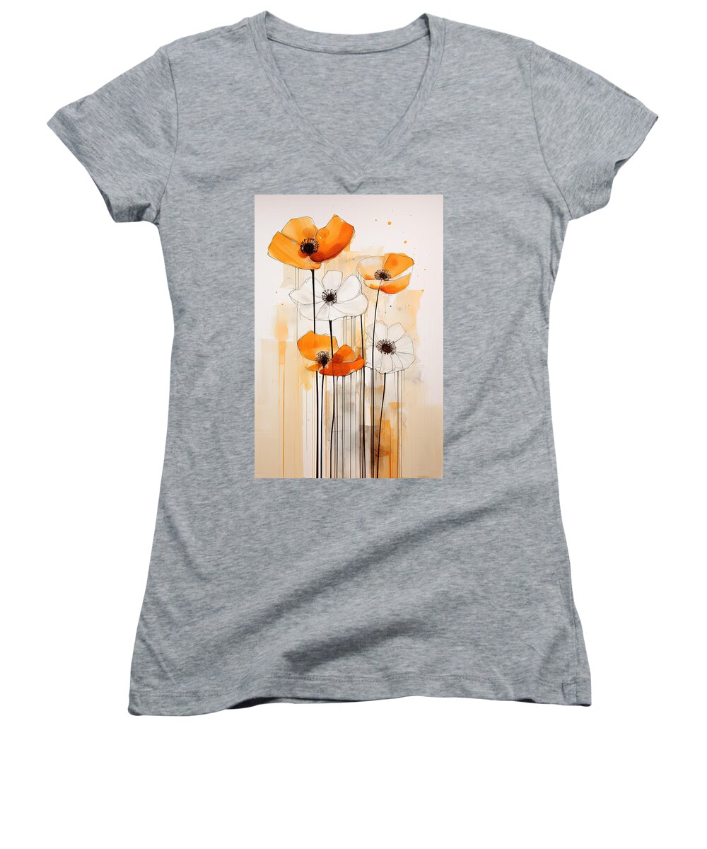 Minimalist White Flowers Women's V-Neck featuring the painting Burnt Orange Mid-Century Flowers by Lourry Legarde