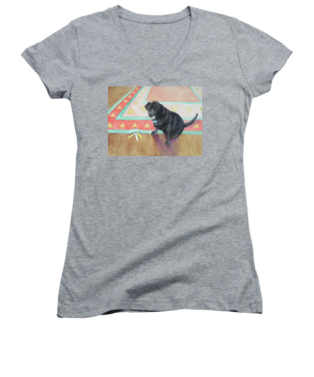 Black Lab Women's V-Neck featuring the painting Busted by Phyllis Andrews