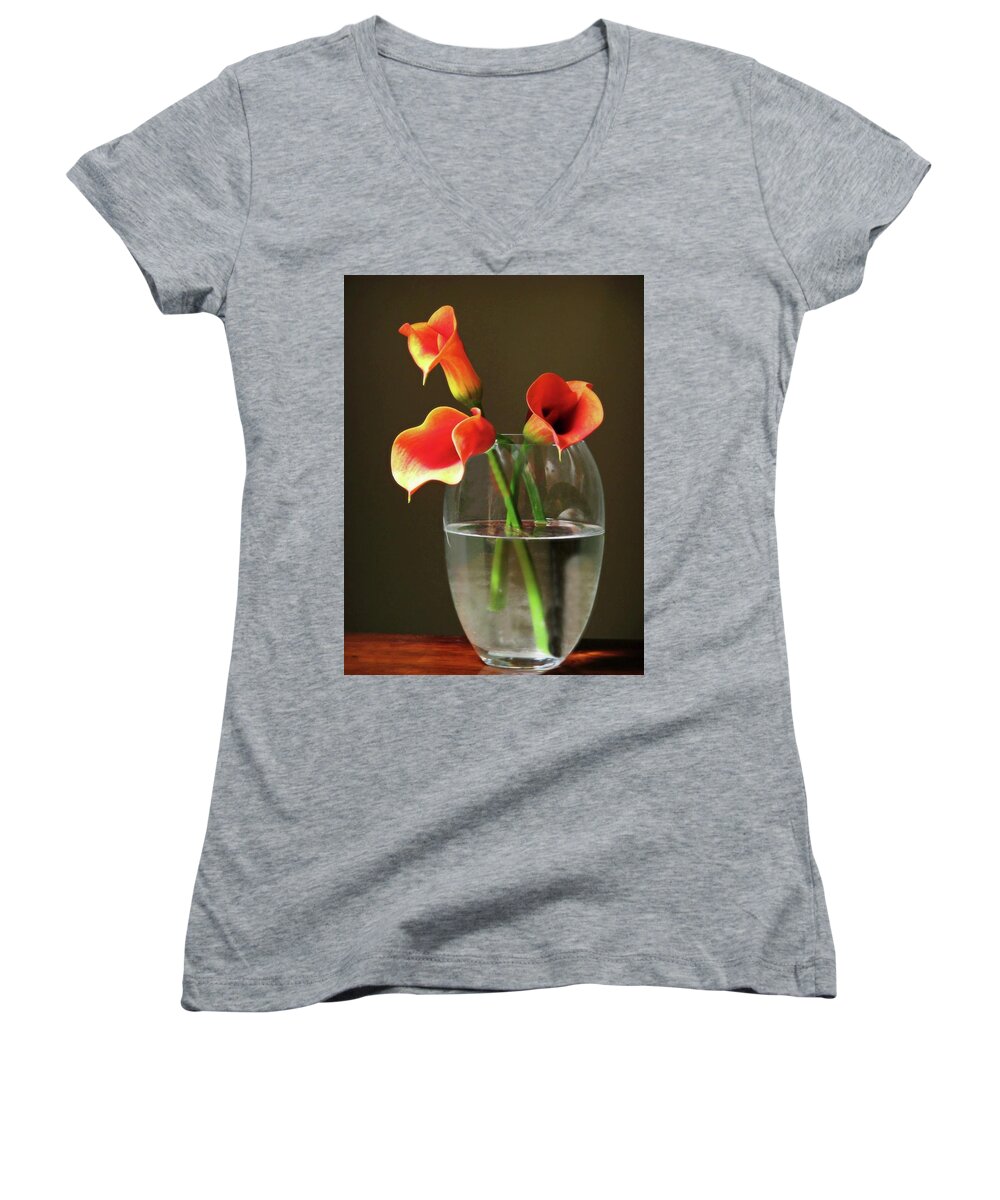 Orange Calla Lilies Women's V-Neck featuring the photograph Calla Lily Stems by Diana Angstadt