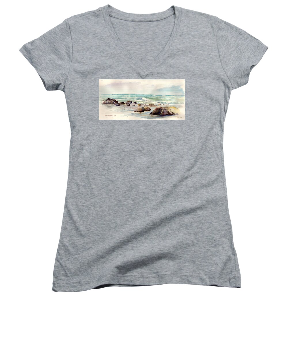 Ocean Women's V-Neck featuring the painting Calming Seas by P Anthony Visco