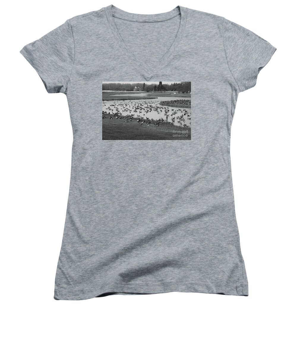 Nature Women's V-Neck featuring the photograph Canada Geese on the Bend by Mary Mikawoz
