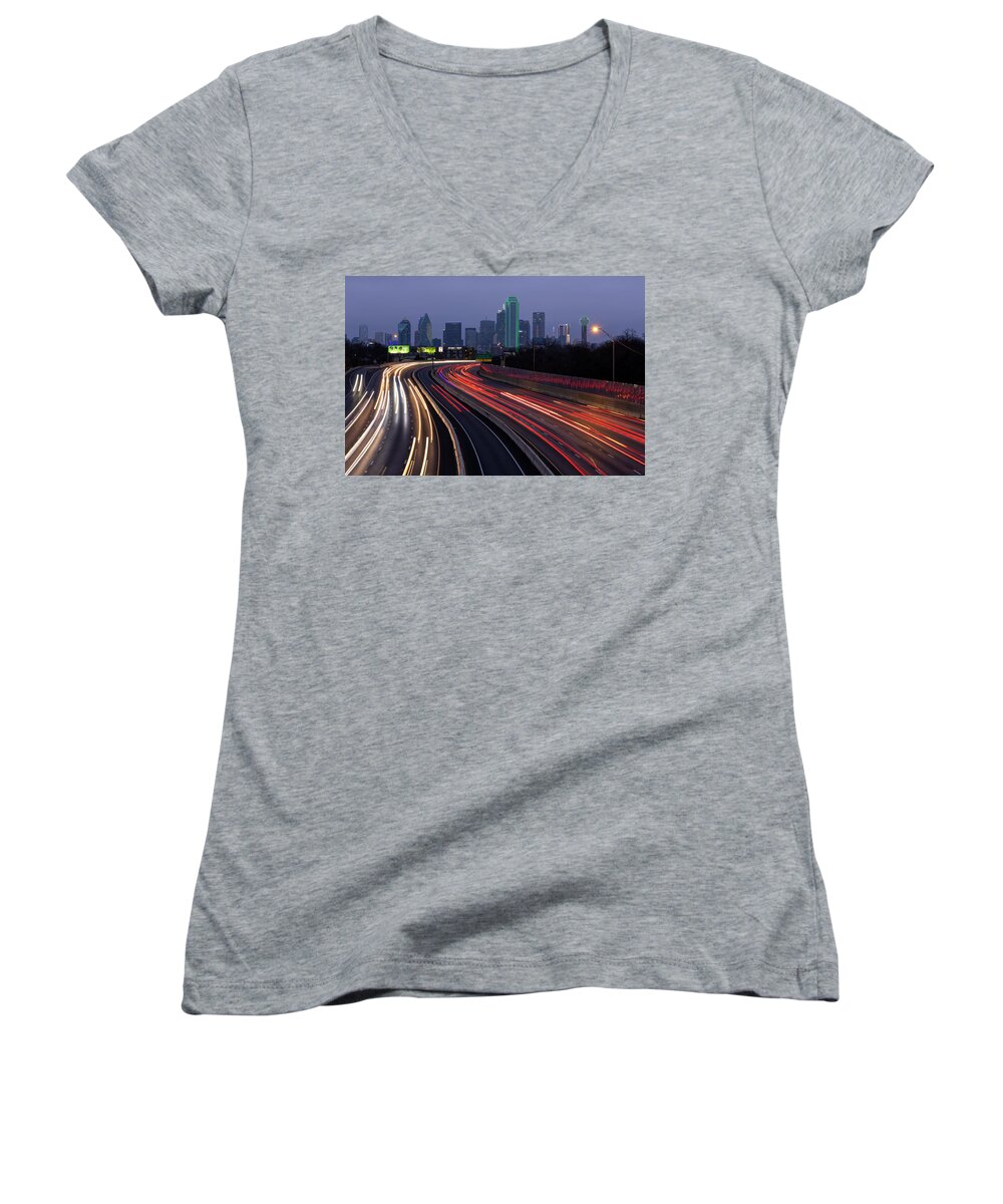 Night Photography Women's V-Neck featuring the photograph Car Trails Dallas by Debby Richards