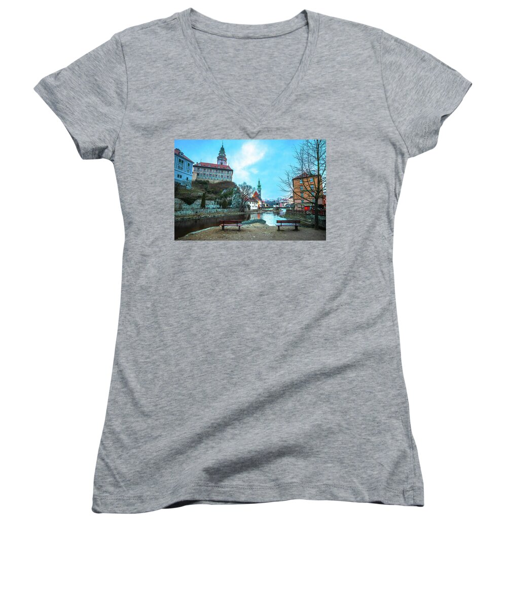  Women's V-Neck featuring the photograph Cesky Krumlov scenic architecture and Vltava river dawn view by Brch Photography
