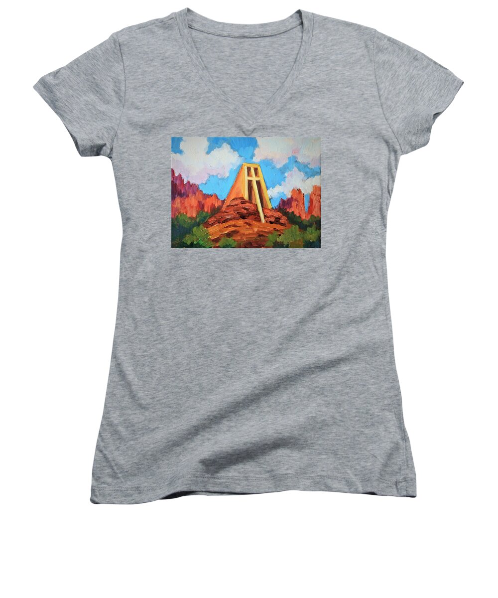 Southwest Arizona Women's V-Neck featuring the painting Chapel of the Holy Cross Sedona by Diane McClary