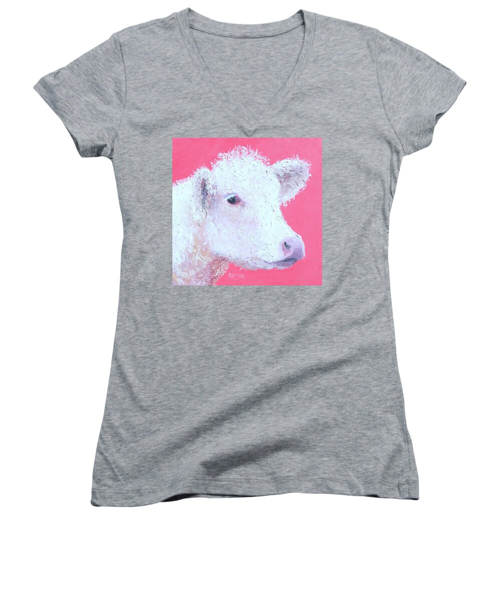 Charolais Women's V-Neck featuring the painting Charolais calf, Rosie by Jan Matson