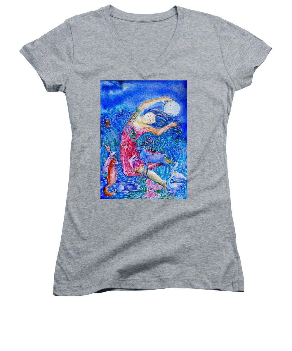 Moon Women's V-Neck featuring the painting Chasing the Moon by Trudi Doyle