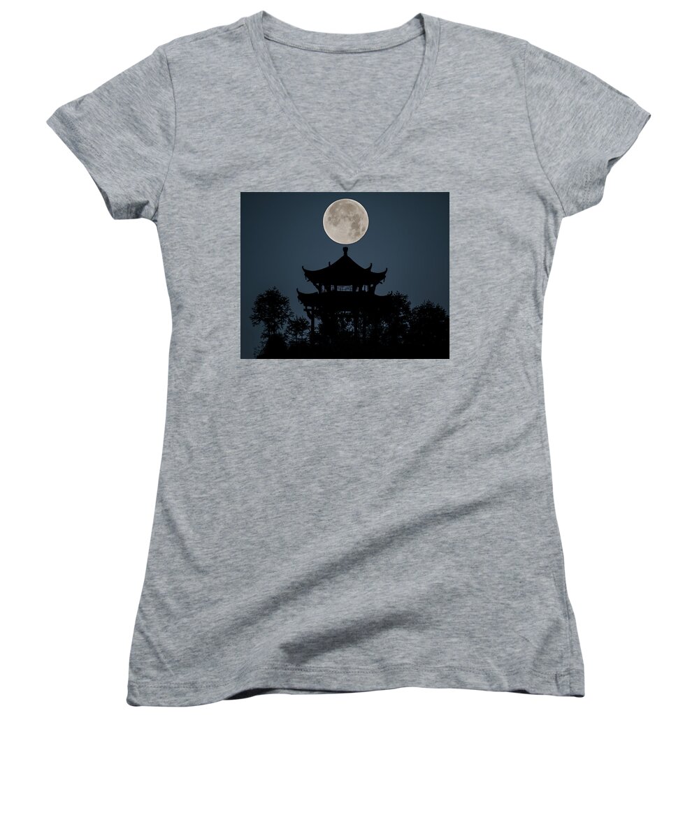 Moon Women's V-Neck featuring the photograph China Moon by William Dickman