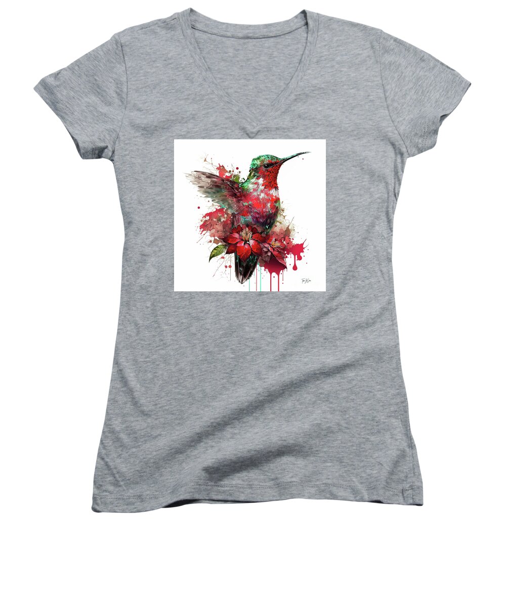 Christmas Women's V-Neck featuring the painting The Christmas Hummingbird by Tina LeCour