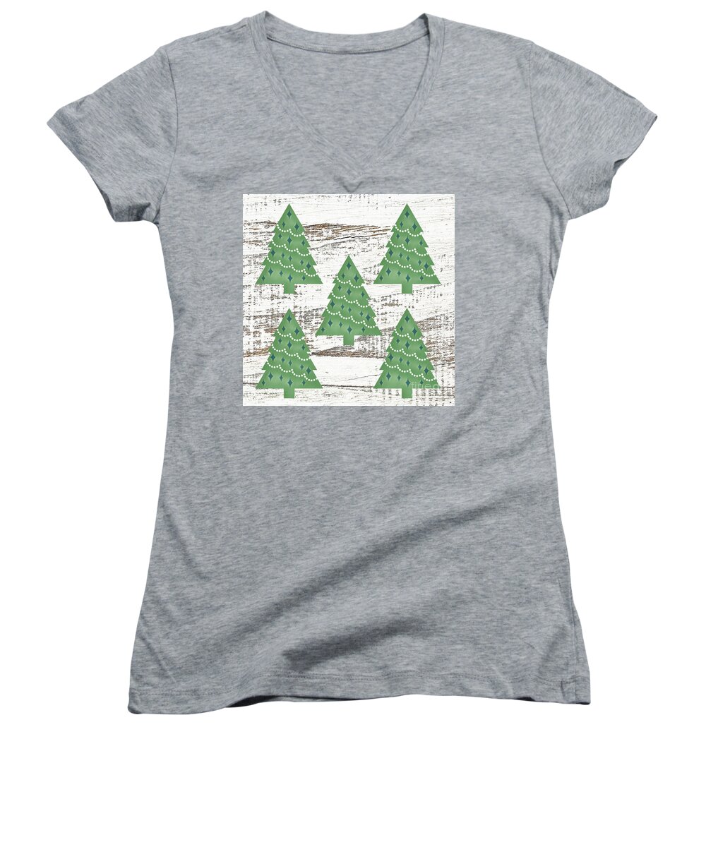 Christmas Trees Women's V-Neck featuring the mixed media Christmas Trees by Tina LeCour