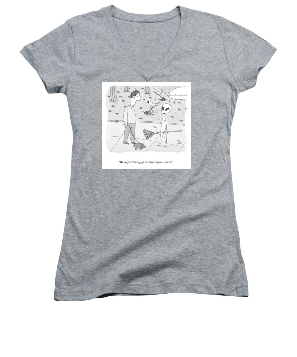 Cctk Women's V-Neck featuring the drawing Cleaning Up This Planet by Peter C Vey