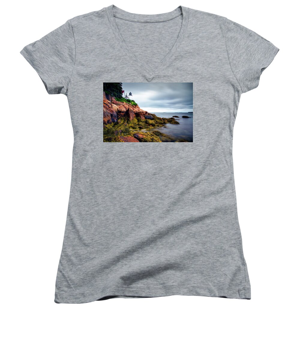 Acadia National Park Women's V-Neck featuring the photograph Clouds over Bass Harbor Head Light by Andy Crawford