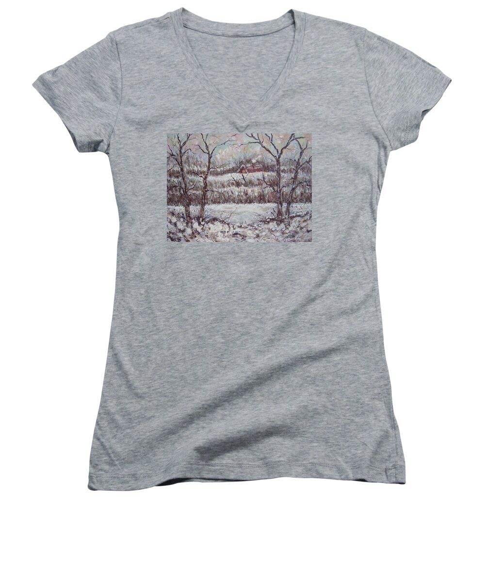 Landscape Women's V-Neck featuring the painting Cold Winter by Natalie Holland