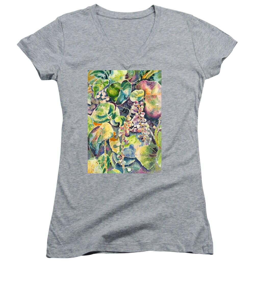 Sea Grapes Women's V-Neck featuring the painting Color in Motion by Mary Haley-Rocks