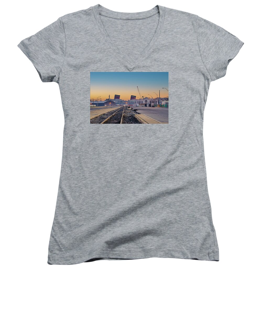 Columbus Women's V-Neck featuring the photograph Columbus Boulevard - SS United States by Bill Cannon