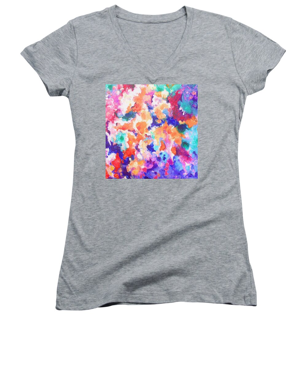 Contemporary Women's V-Neck featuring the painting Composition #6. Series Cosmic Garden. by Helen Kagan