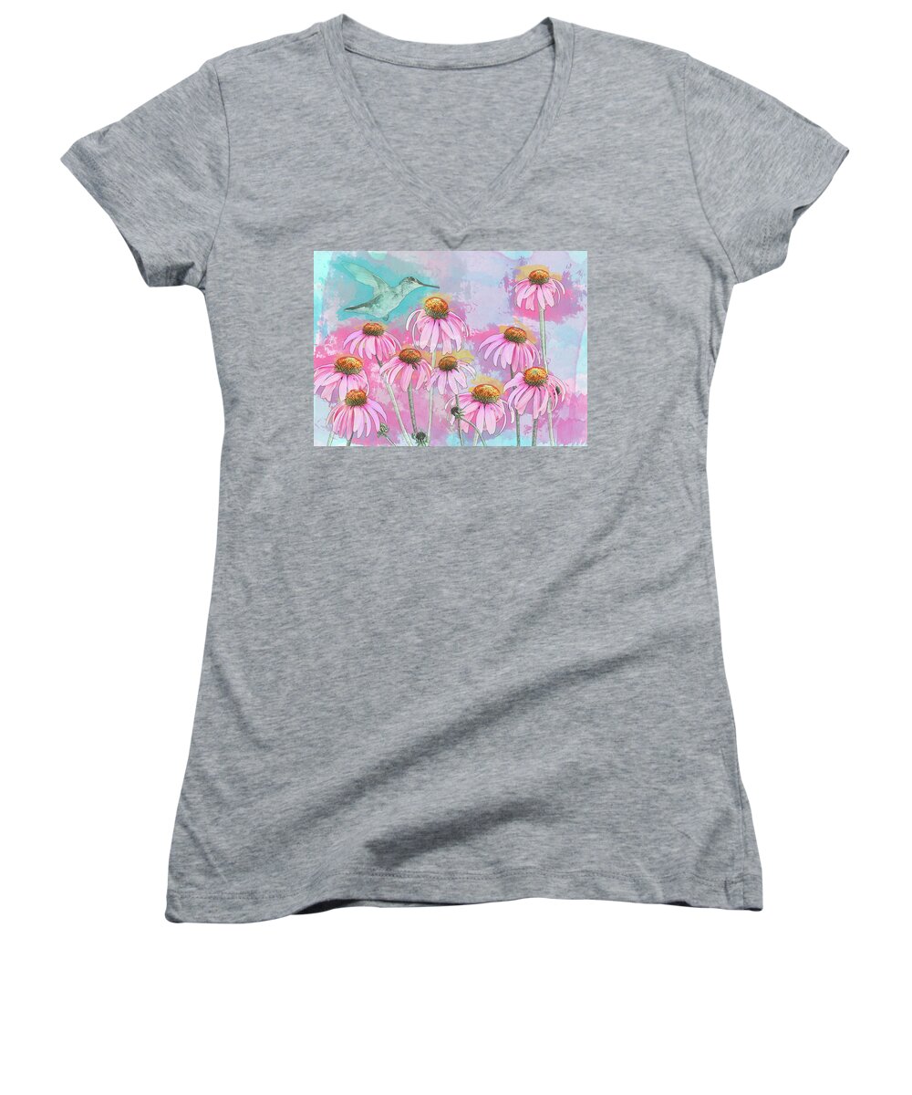 Hummingbird Women's V-Neck featuring the photograph Coneflower Hummingbird Watercolor by Patti Deters