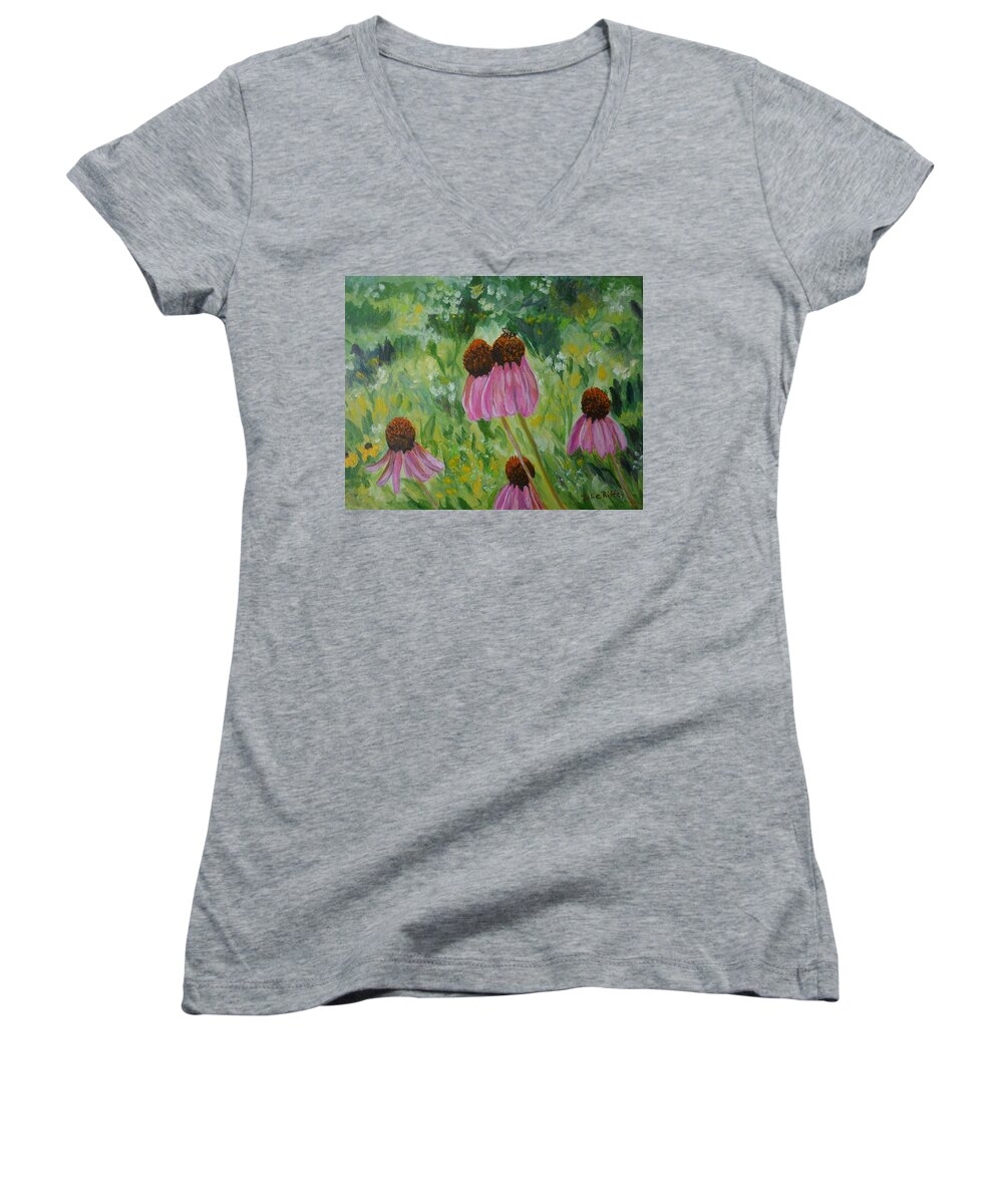 Coneflower Women's V-Neck featuring the painting Coneflower Visitor by Julie Brugh Riffey