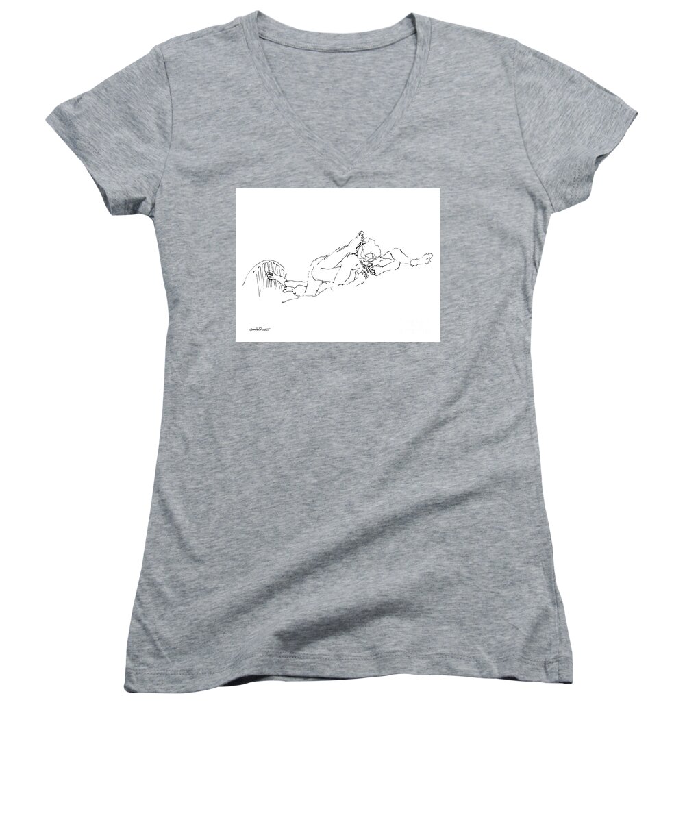 Erotic Renderings Women's V-Neck featuring the drawing Cunnilingus-Art-Drawings-3 by Gordon Punt