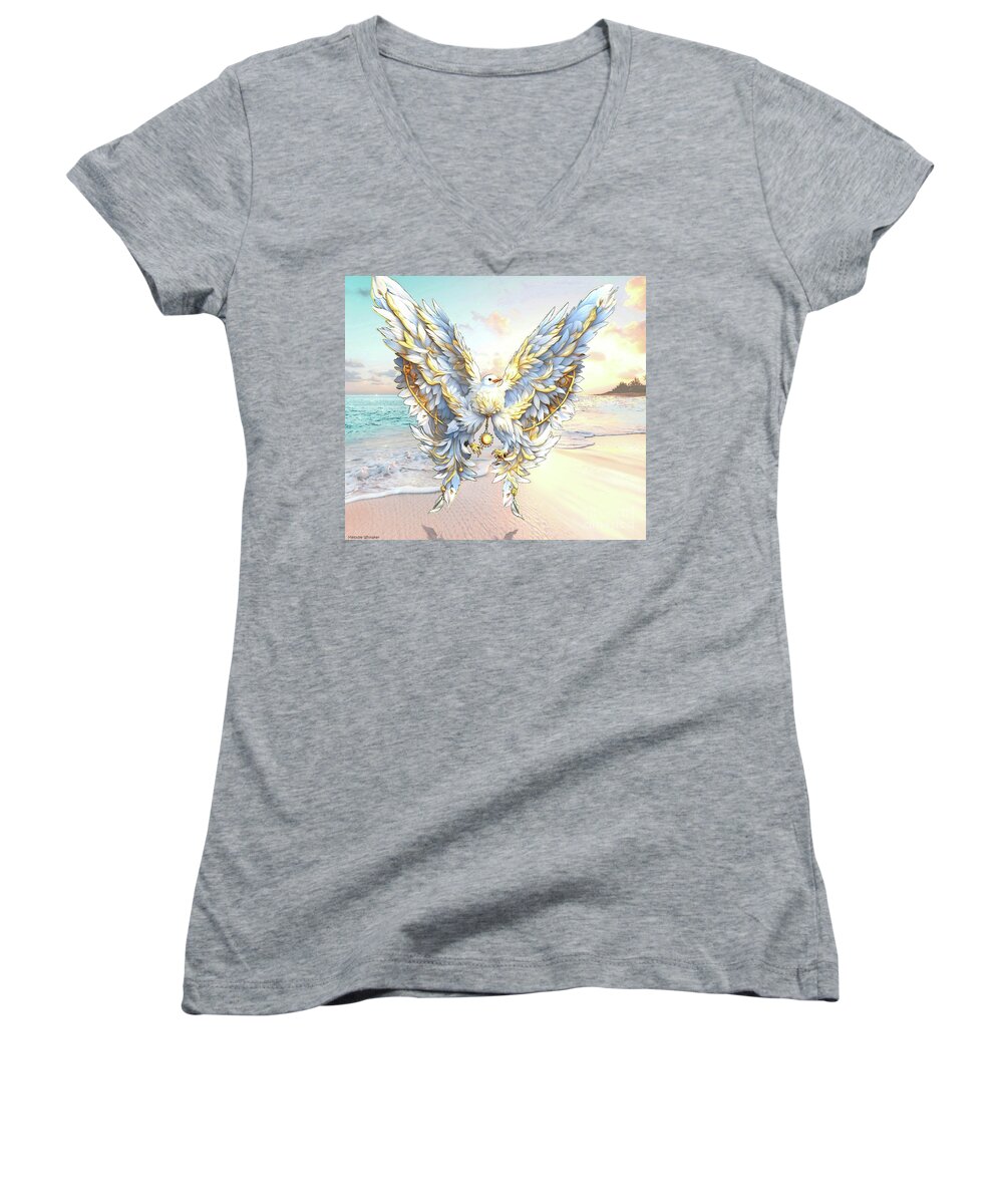 Magic Realism In Art Women's V-Neck featuring the mixed media Cute Little Bird of Peace by Melodye Whitaker