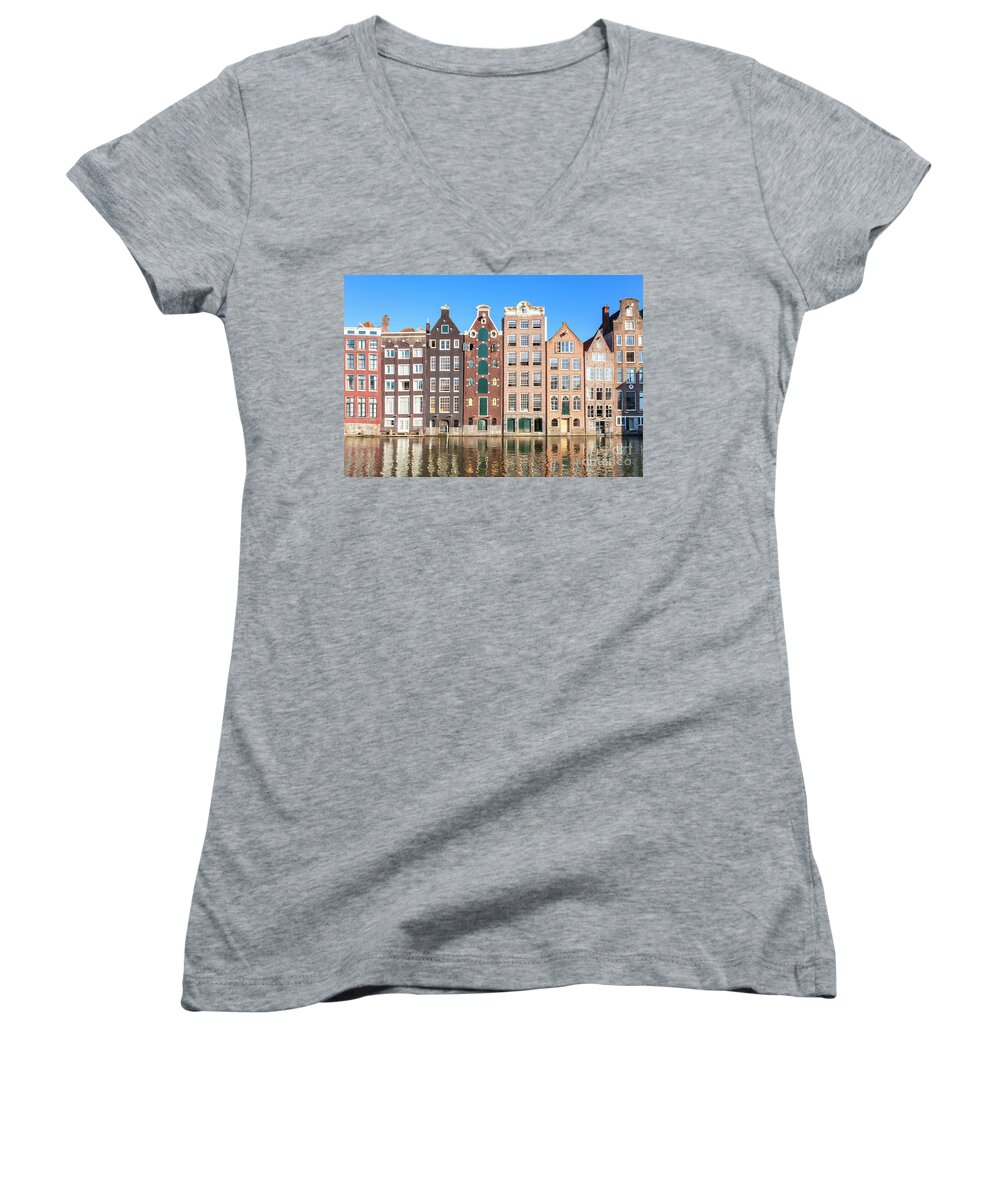 Amsterdam Women's V-Neck featuring the photograph Damrak houses, Amsterdam by Neale And Judith Clark