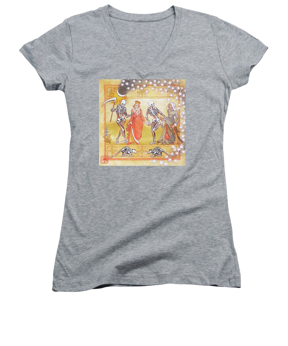Danse Macabre Women's V-Neck featuring the painting Dance of the Bubonic Plague by Ruth Hooper