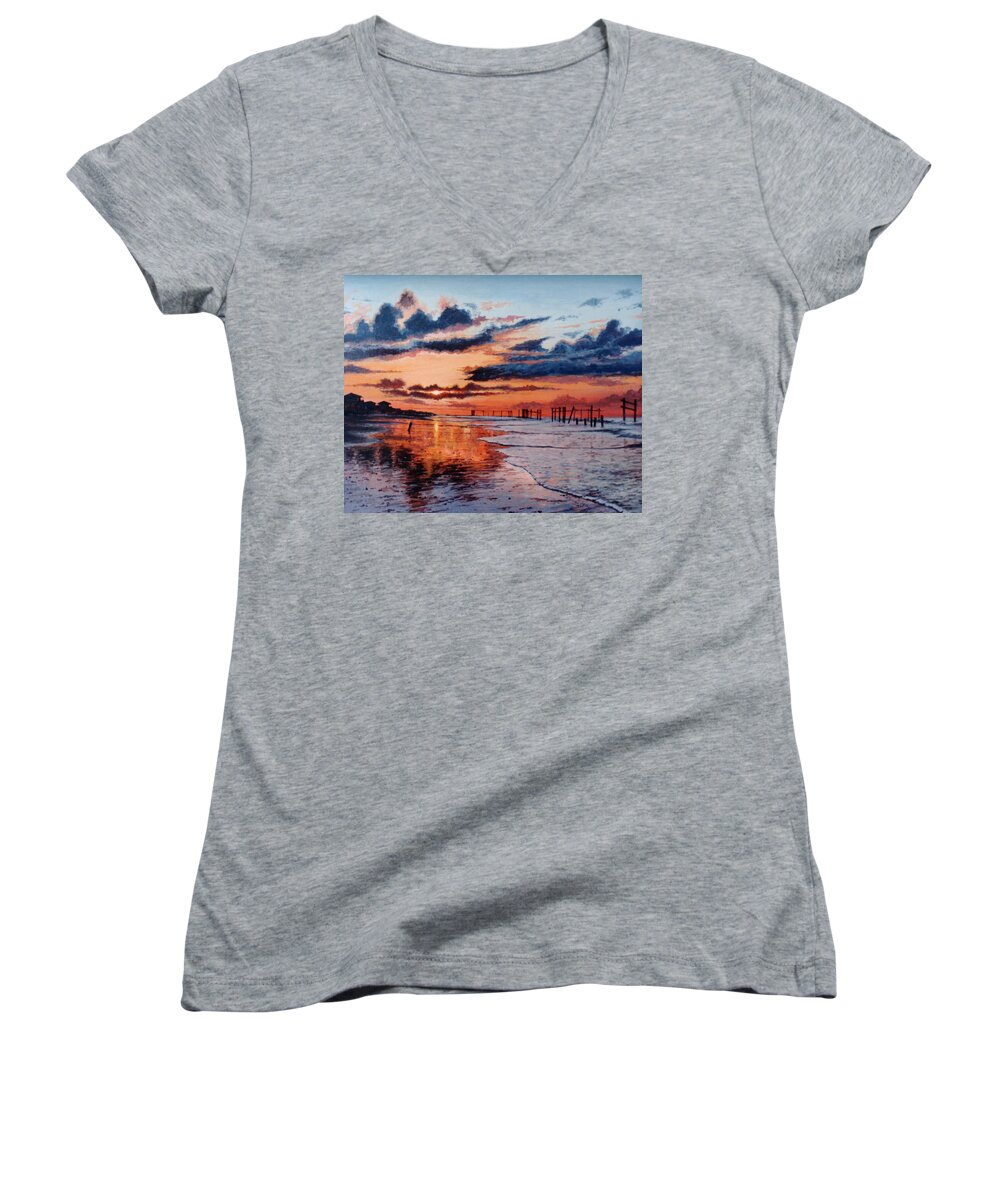 Dawn Women's V-Neck featuring the painting Dawn on Crystal Beach by Randy Welborn