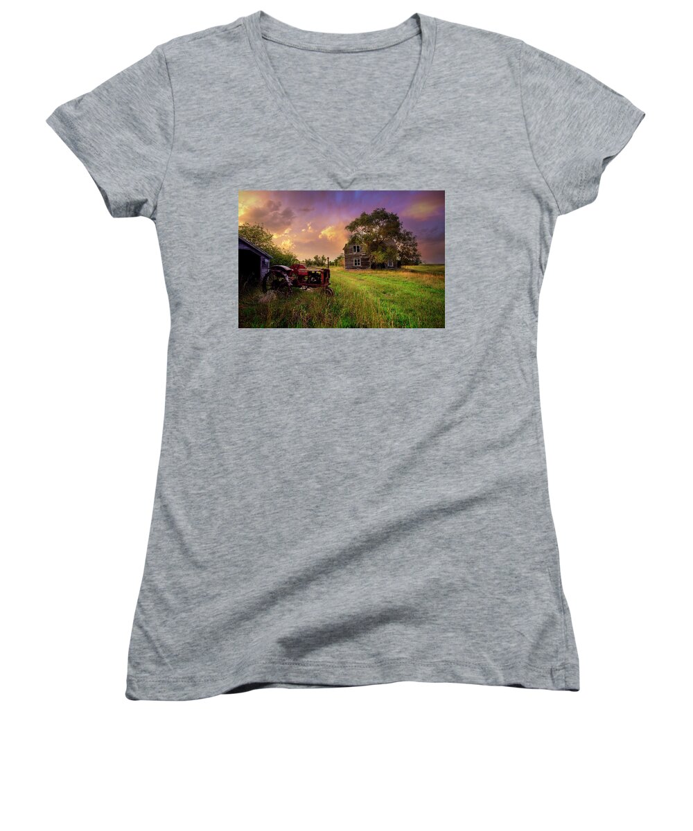 Tractor Women's V-Neck featuring the photograph Days Gone By by Aaron J Groen