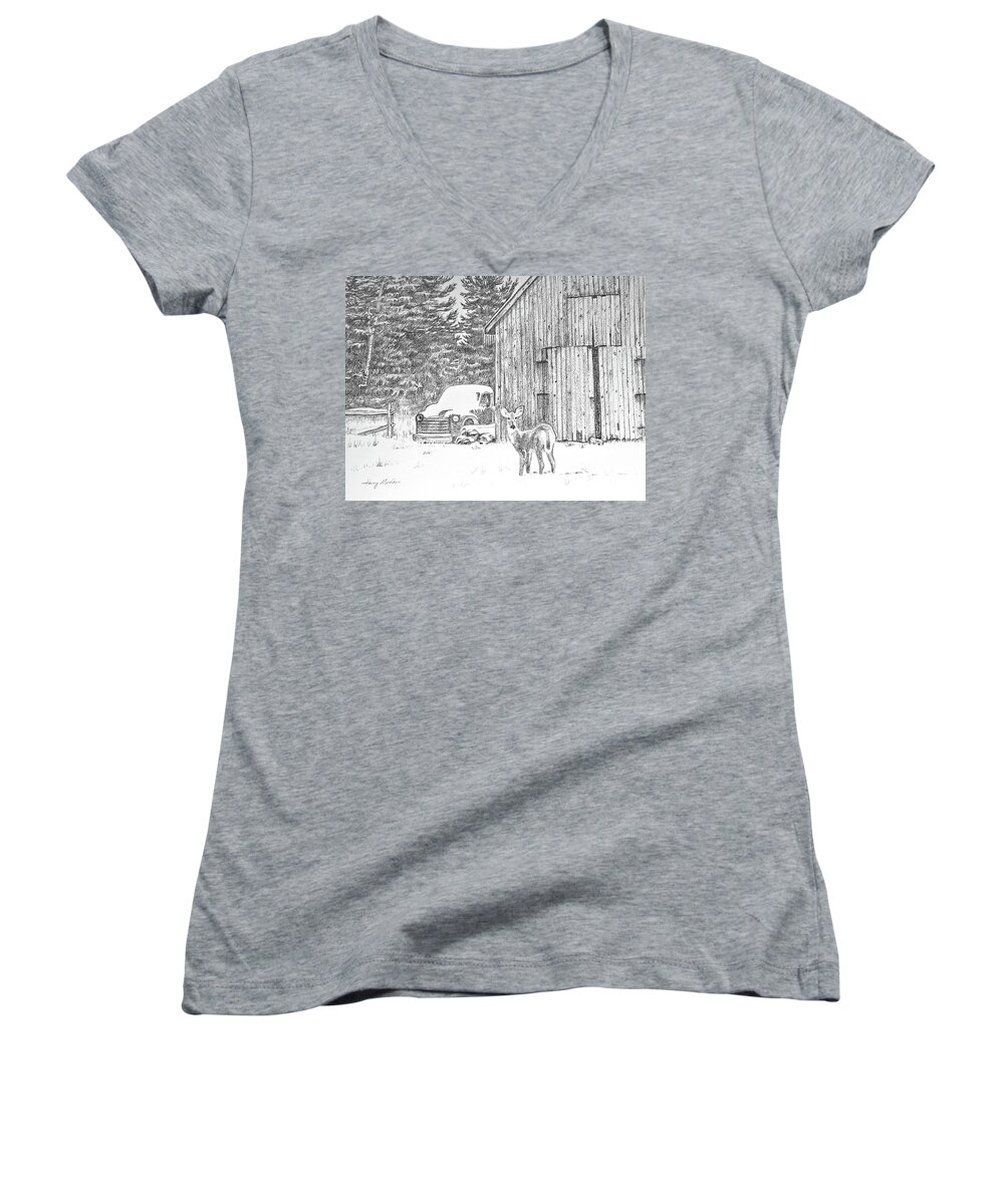Pencil Women's V-Neck featuring the photograph Deer in the Yard by Harry Moulton