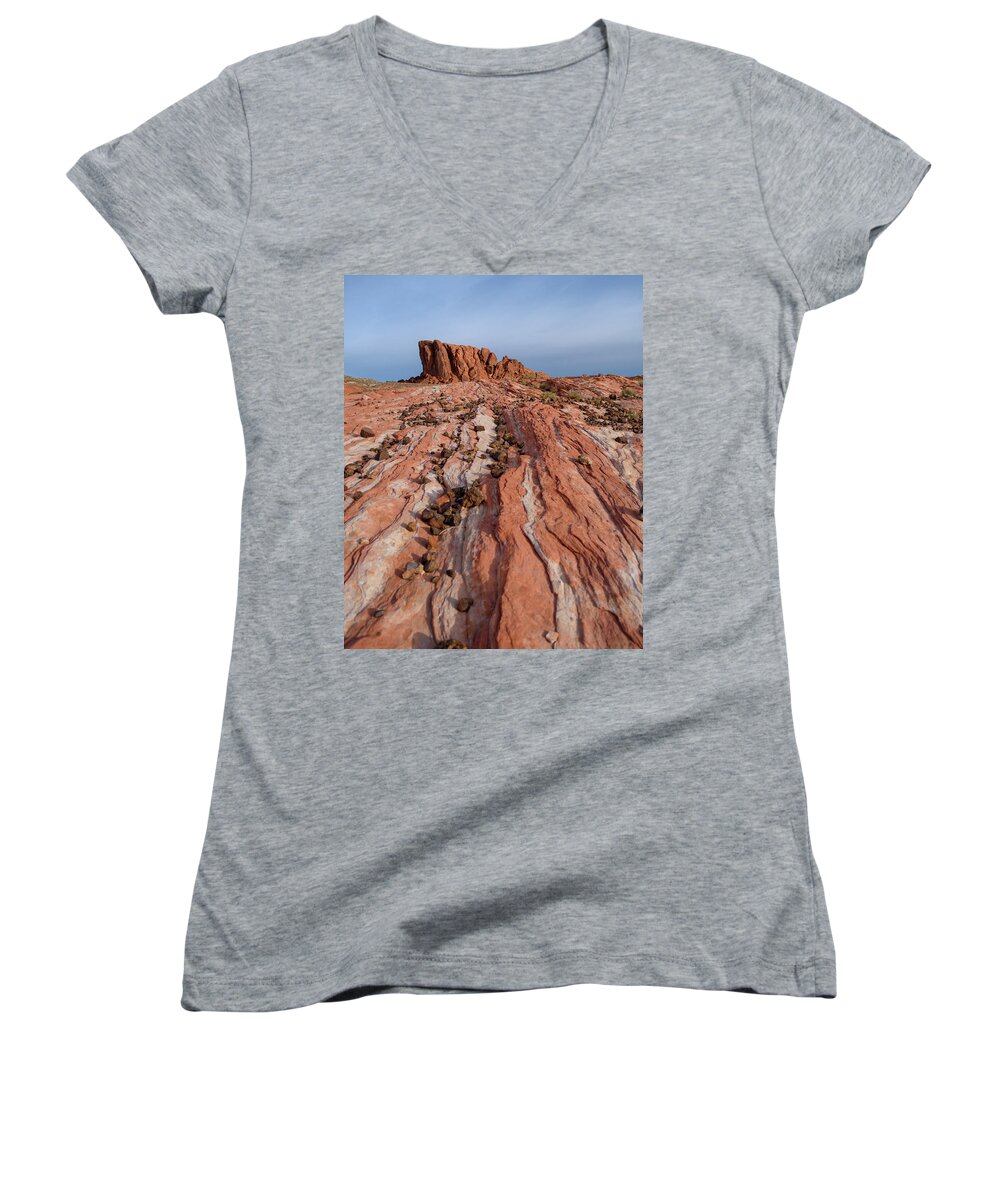 Valley Of Fire Women's V-Neck featuring the photograph Desert Lines by Mary Hone