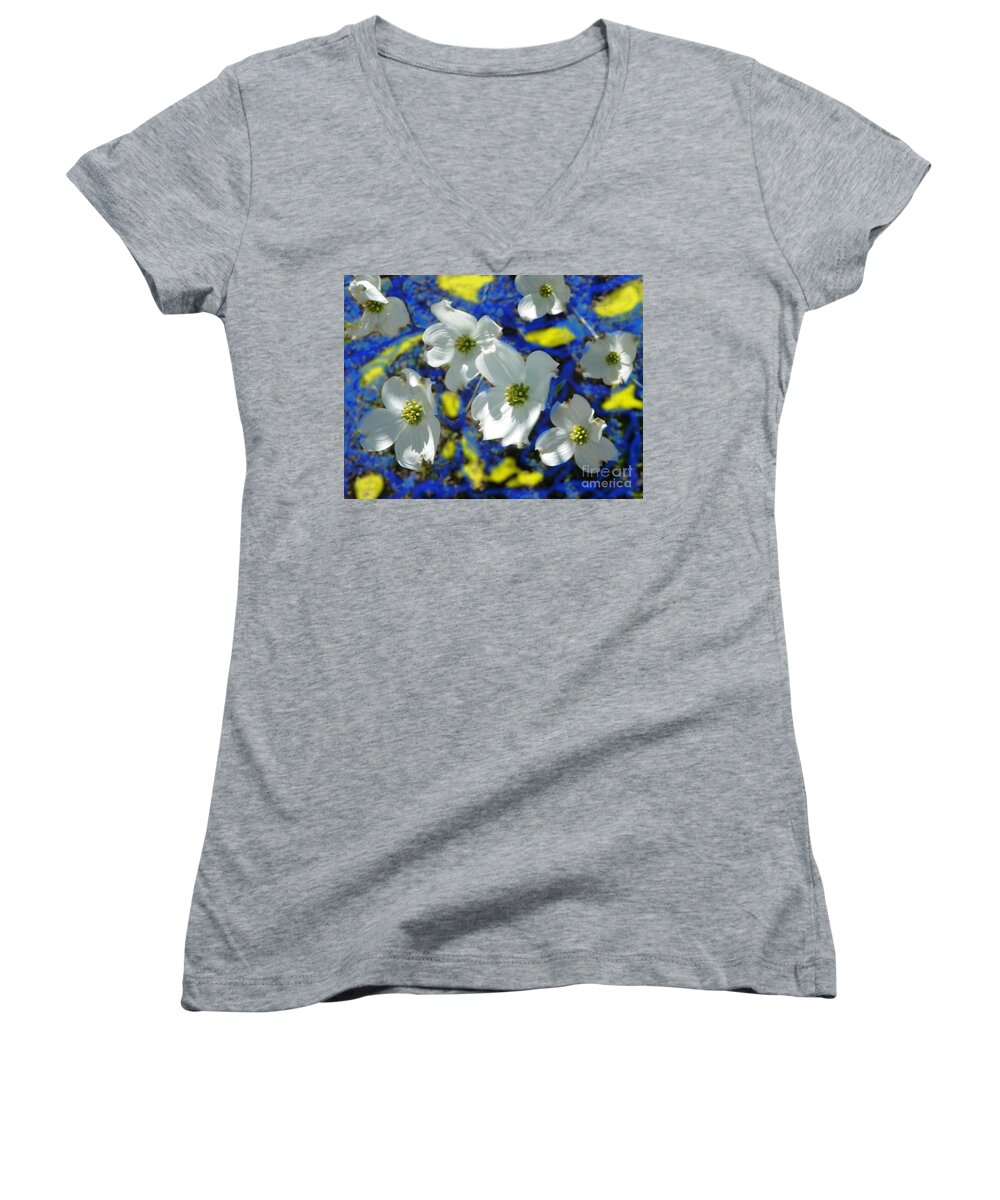  Women's V-Neck featuring the photograph Dogwood Light and Shadows by Shirley Moravec