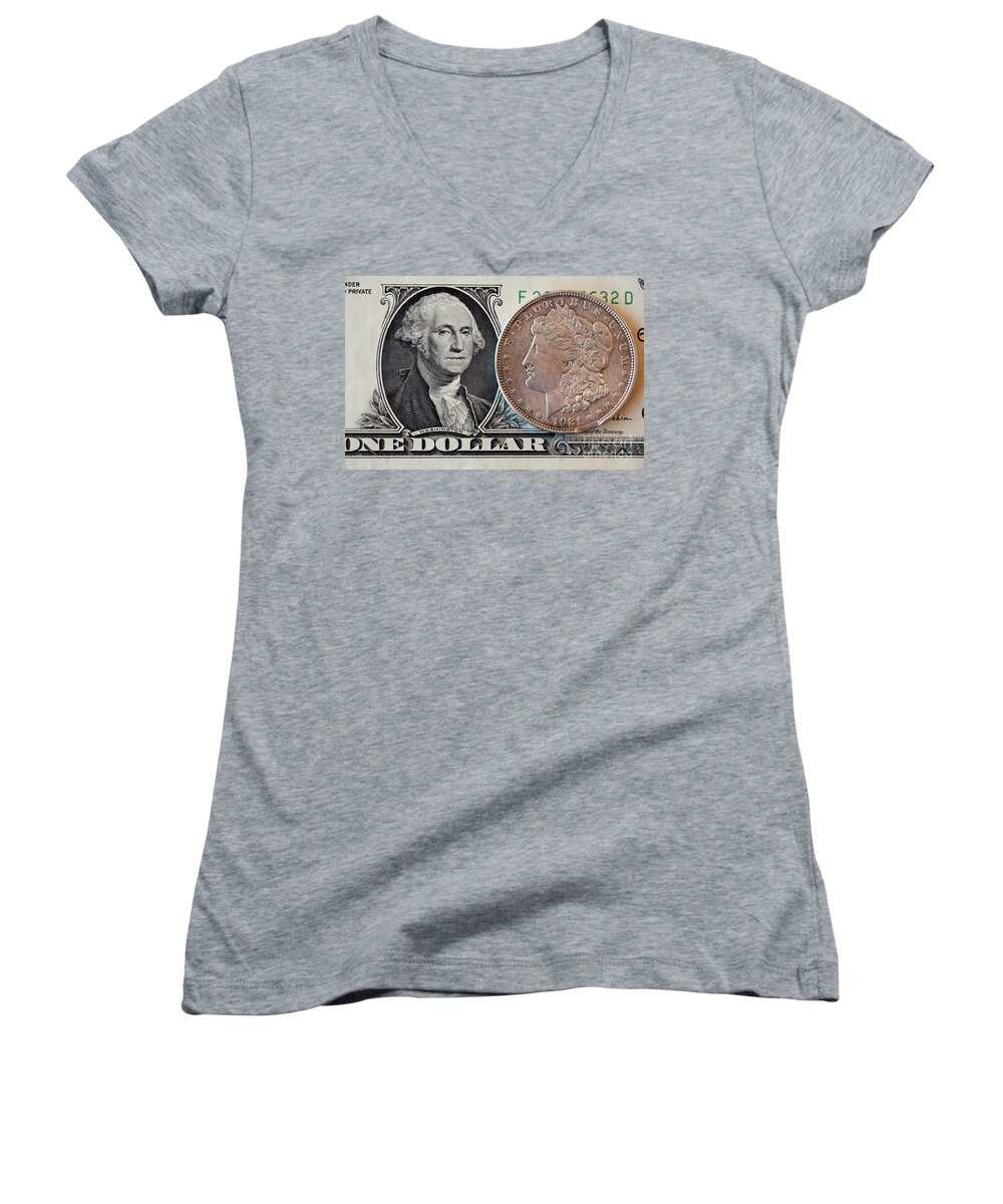 United States Women's V-Neck featuring the photograph Dollar Bill and Silver Dollar 4183 by Jack Schultz