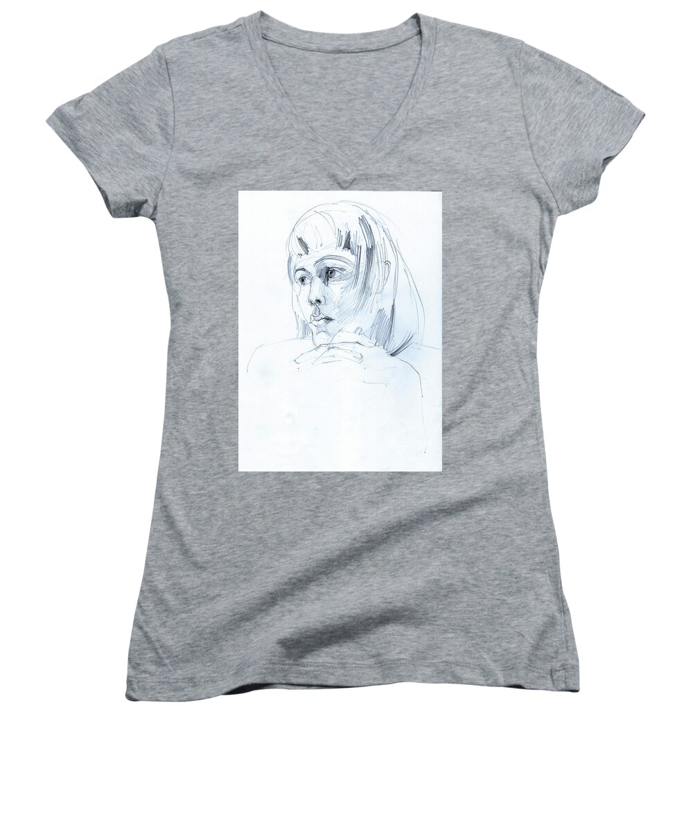 Drawing Of A Girl's Portrait Women's V-Neck featuring the drawing Drawing of Such a Pretty Face by Greta Corens