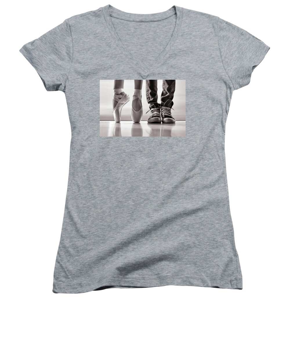Dance Women's V-Neck featuring the photograph Duet Sepia by Laura Fasulo