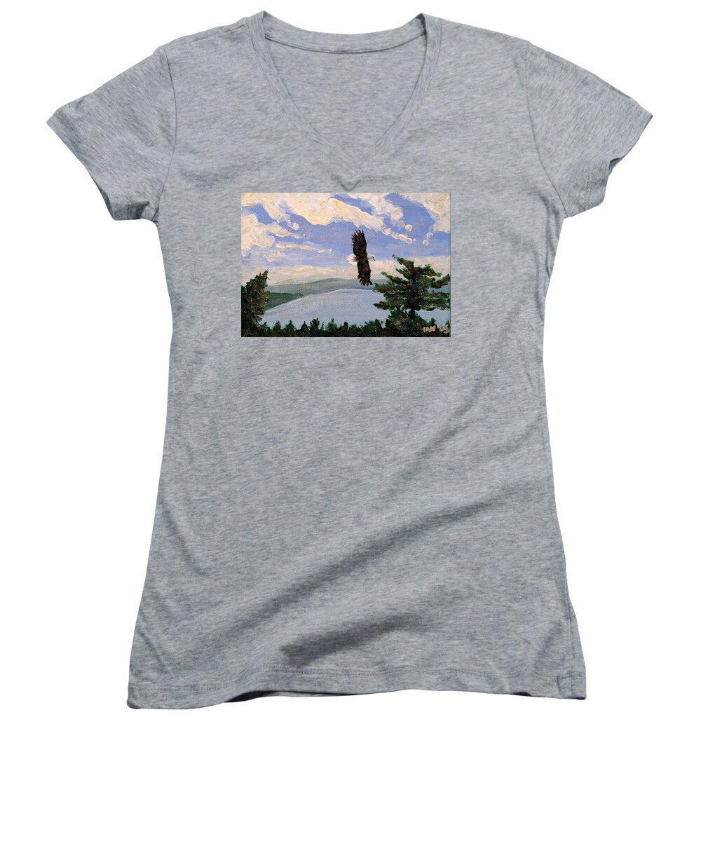 Bald Headed Eagle Women's V-Neck featuring the painting Eagles Fly Over Lake Huron by Ian MacDonald