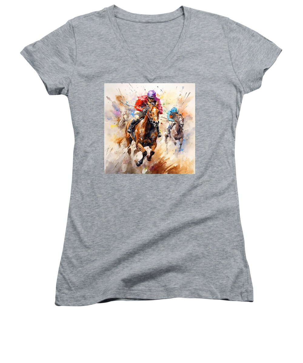 Horse Racing Women's V-Neck featuring the painting Equine Explosion - Horse Racers Art by Lourry Legarde
