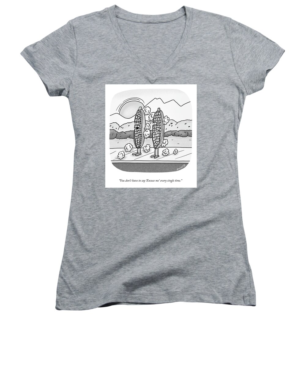 A27095 Women's V-Neck featuring the drawing Excuse Me by Lonnie Millsap
