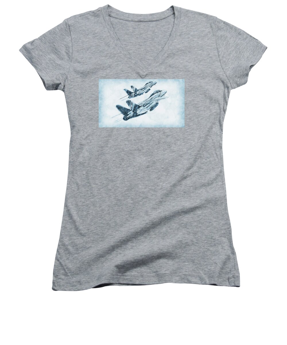 F14 Women's V-Neck featuring the painting F-14 Tomcat - 18 by AM FineArtPrints