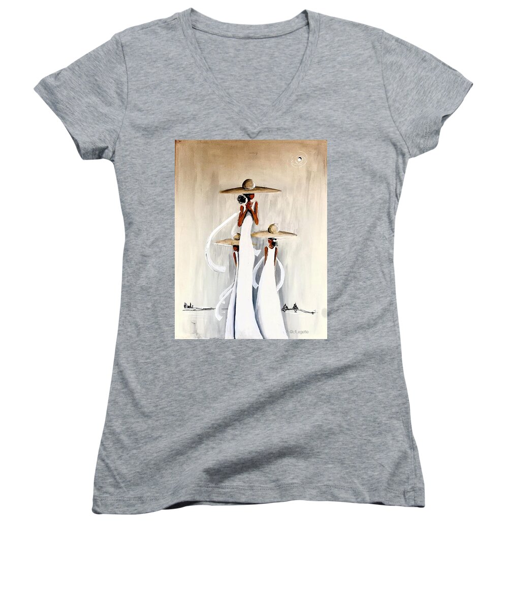 Juneteenth Women's V-Neck featuring the painting Pearlsz Under Charleston Moon Light by C F Legette